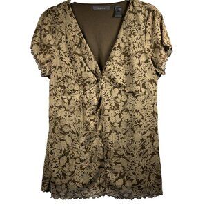 Liz Claiborne Top L‎ Brown Mesh Grunge Vintage Y2K Babydoll Lined Stretch Whimsy